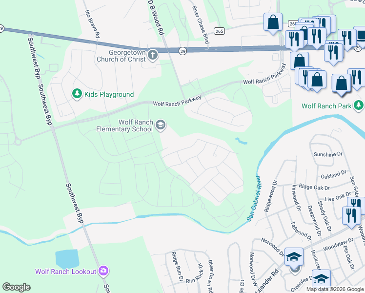 map of restaurants, bars, coffee shops, grocery stores, and more near 121 East Legend Oaks Drive in Georgetown