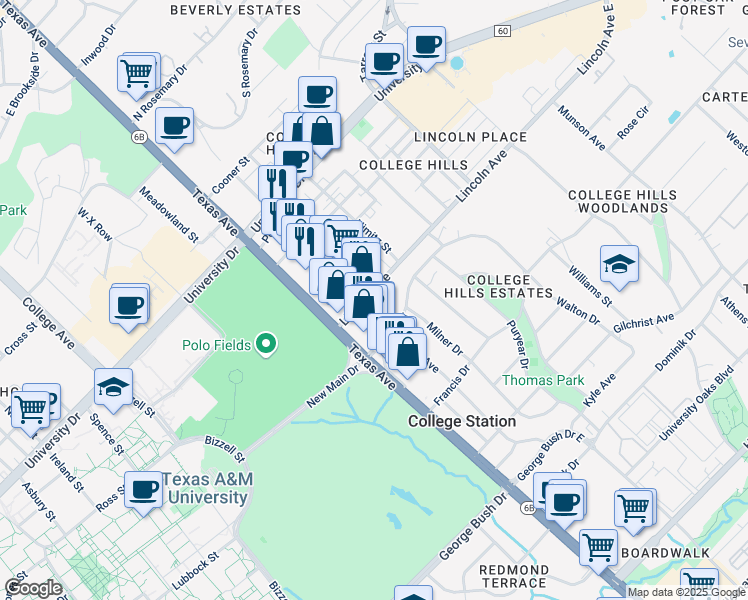 map of restaurants, bars, coffee shops, grocery stores, and more near 805 Texas Avenue in College Station