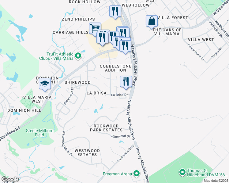 map of restaurants, bars, coffee shops, grocery stores, and more near 2415 Jaguar Drive in Bryan