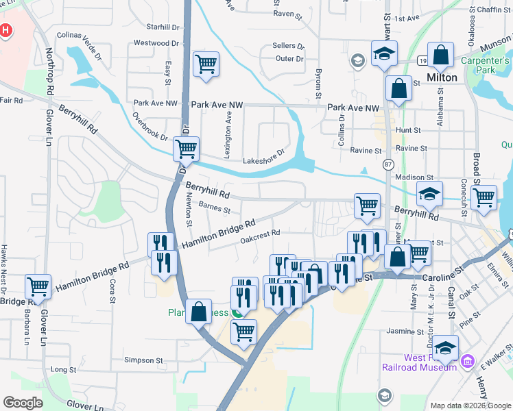 map of restaurants, bars, coffee shops, grocery stores, and more near 6515 Berryhill Road in Milton