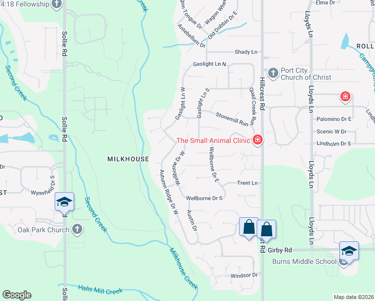 map of restaurants, bars, coffee shops, grocery stores, and more near 3109 Wellborne Drive West in Mobile