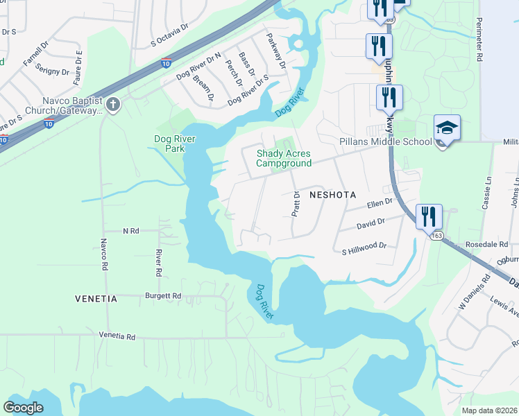 map of restaurants, bars, coffee shops, grocery stores, and more near 201 Riverbend Drive in Mobile