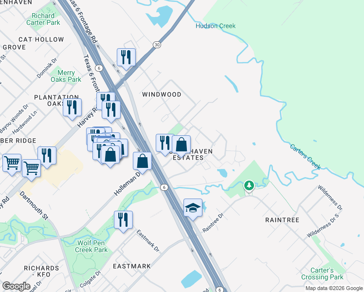 map of restaurants, bars, coffee shops, grocery stores, and more near 6909 Appomattox Drive in College Station