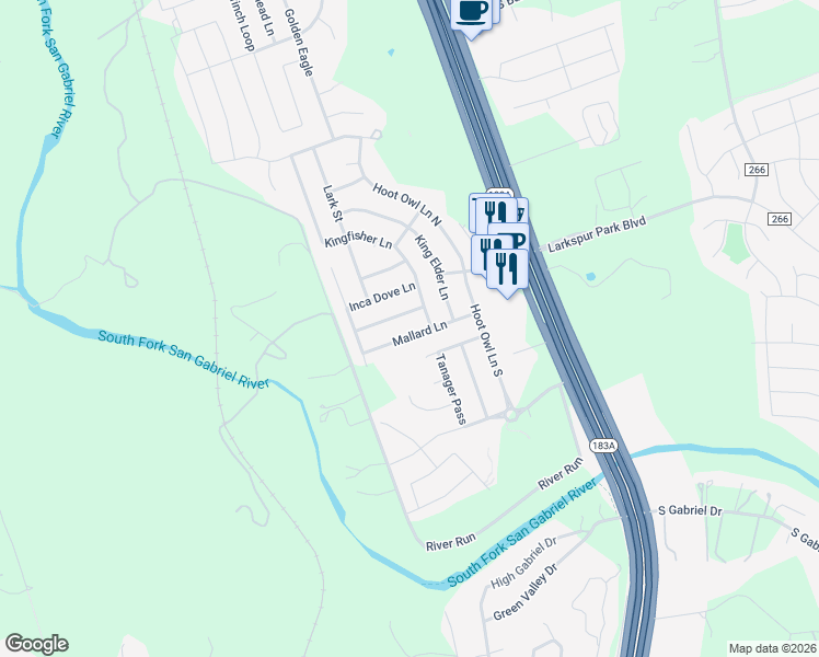 map of restaurants, bars, coffee shops, grocery stores, and more near 116 Mallard Lane in Leander