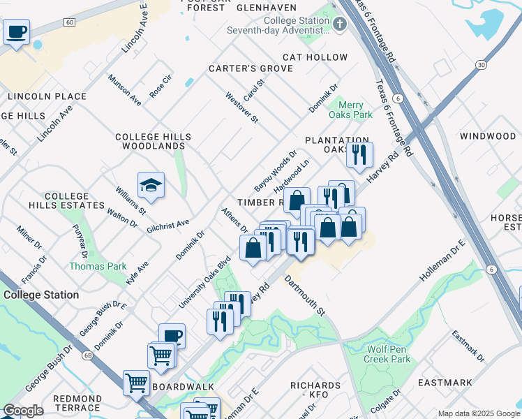 map of restaurants, bars, coffee shops, grocery stores, and more near 1004 Hardwood Lane in College Station