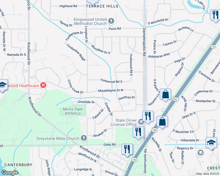 map of restaurants, bars, coffee shops, grocery stores, and more near 5206 Maudelayne Drive North in Mobile