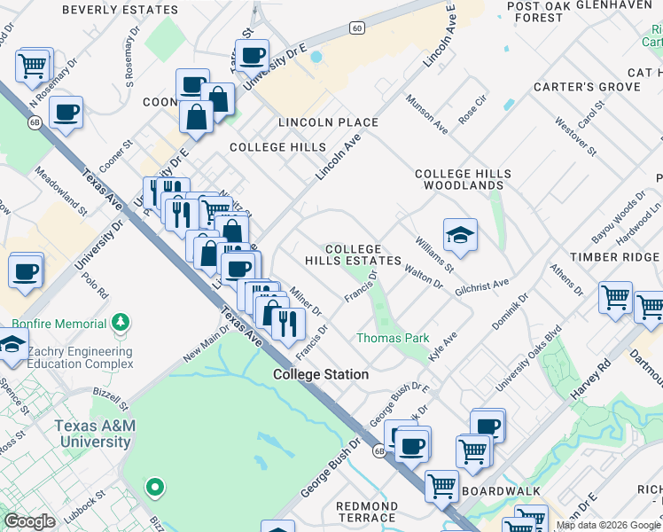 map of restaurants, bars, coffee shops, grocery stores, and more near 1015 Harrington Avenue in College Station