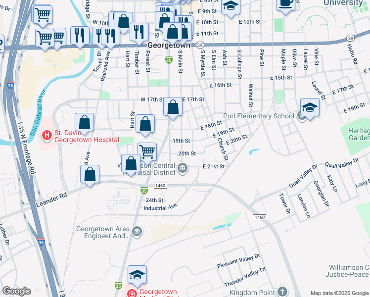 map of restaurants, bars, coffee shops, grocery stores, and more near 2005 South Main Street in Georgetown
