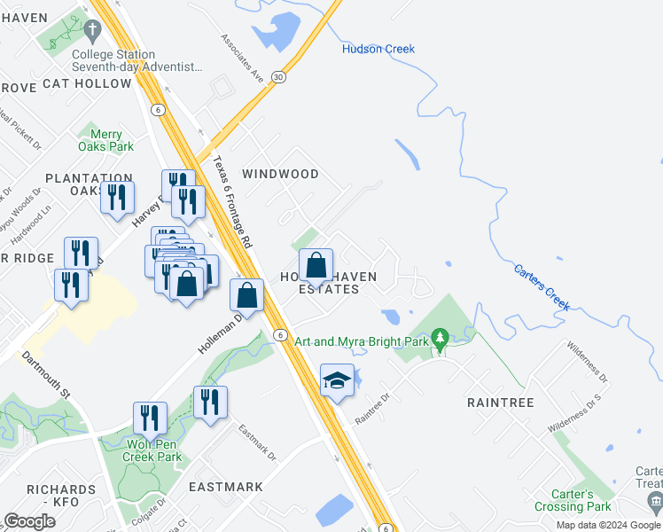 map of restaurants, bars, coffee shops, grocery stores, and more near 6907 Appomattox Drive in College Station