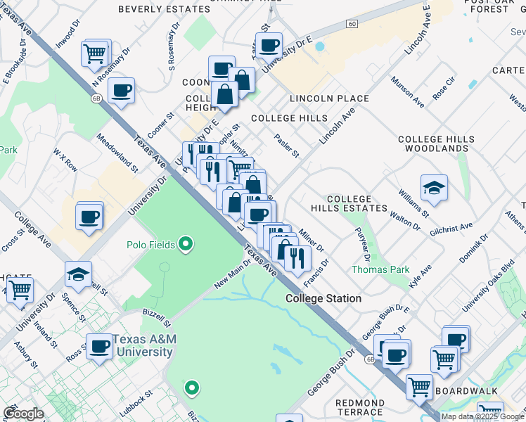 map of restaurants, bars, coffee shops, grocery stores, and more near 909 Foster Avenue in College Station