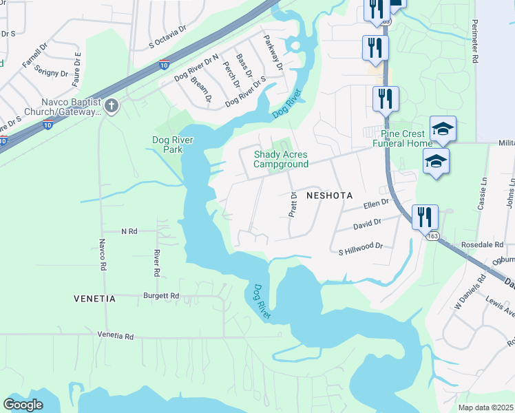 map of restaurants, bars, coffee shops, grocery stores, and more near 201 Riverbend Drive in Mobile