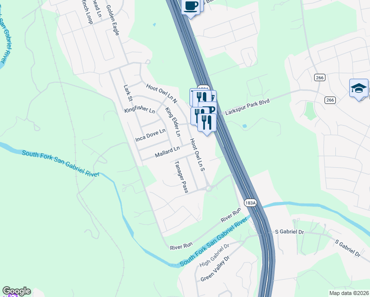 map of restaurants, bars, coffee shops, grocery stores, and more near 89 Mallard Lane in Leander