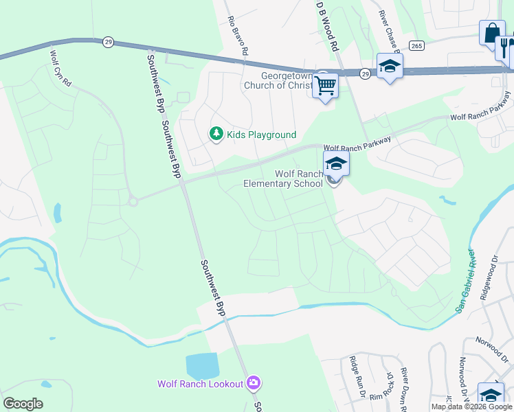 map of restaurants, bars, coffee shops, grocery stores, and more near 203 West Legend Oaks Drive in Georgetown