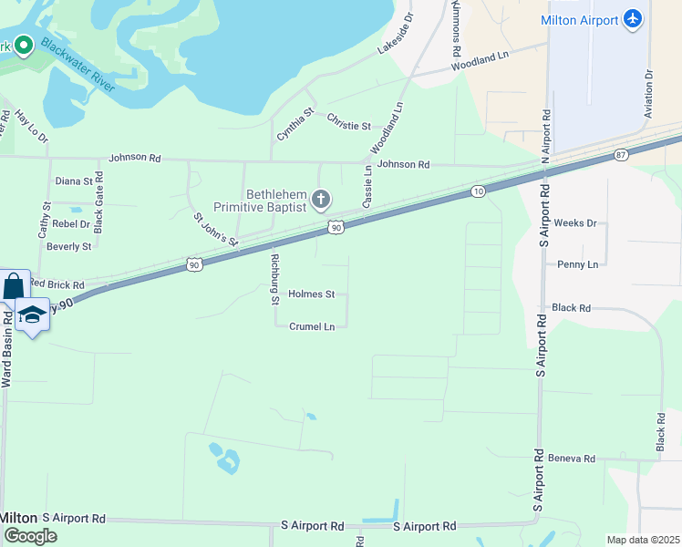 map of restaurants, bars, coffee shops, grocery stores, and more near 7551 Causey Street in Milton