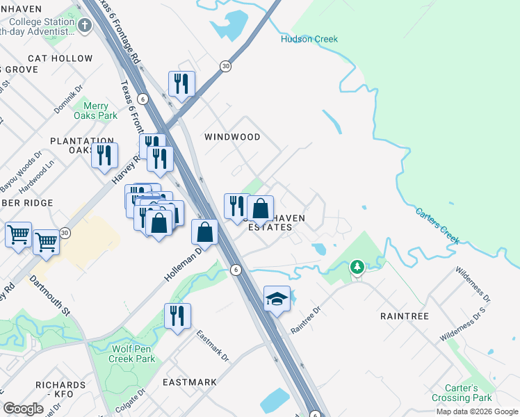 map of restaurants, bars, coffee shops, grocery stores, and more near 2601-2605 Switch Station Rd in College Station