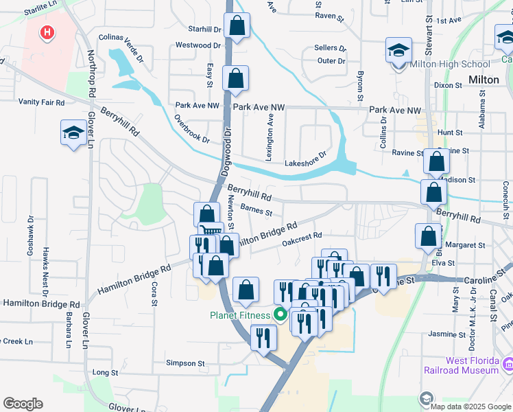 map of restaurants, bars, coffee shops, grocery stores, and more near 6438 Barnes Street in Milton