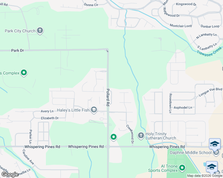 map of restaurants, bars, coffee shops, grocery stores, and more near 9052 Brookside Lane in Daphne