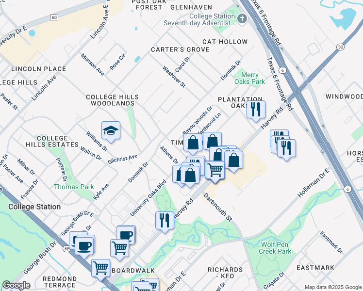 map of restaurants, bars, coffee shops, grocery stores, and more near 1003 Hardwood Lane in College Station