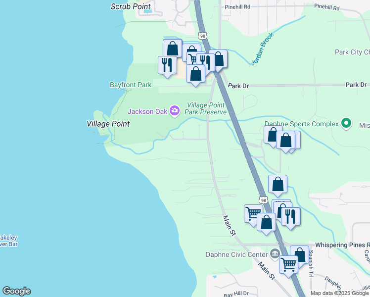 map of restaurants, bars, coffee shops, grocery stores, and more near 6425 Village Point Drive in Daphne