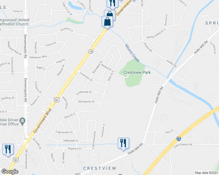 map of restaurants, bars, coffee shops, grocery stores, and more near 4251 Shan Dr E in Mobile