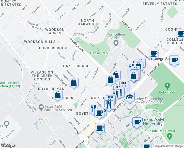 map of restaurants, bars, coffee shops, grocery stores, and more near 4404 Milam Street in Bryan