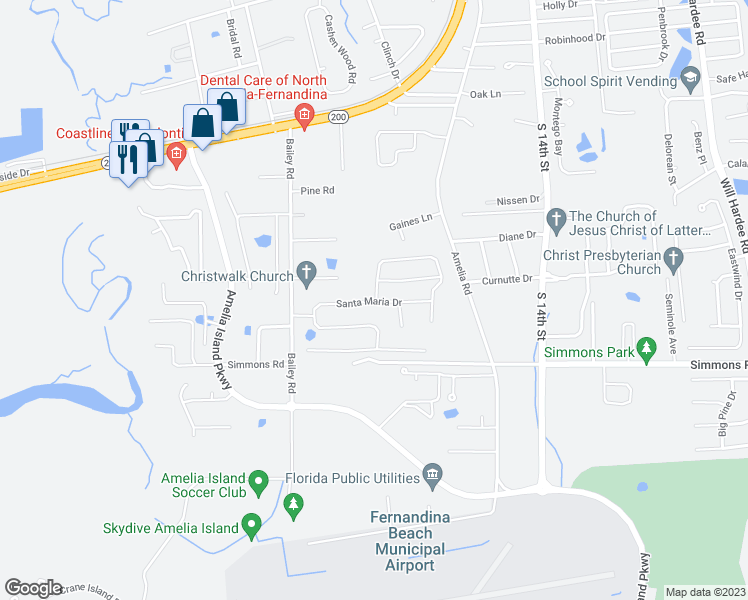 map of restaurants, bars, coffee shops, grocery stores, and more near 569 Santa Maria Drive in Fernandina Beach