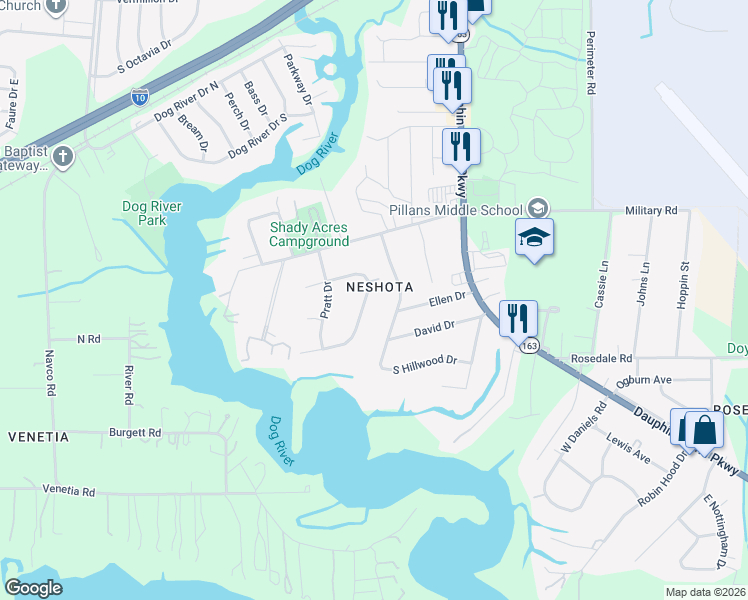 map of restaurants, bars, coffee shops, grocery stores, and more near 2214 E Vaughan Dr in Mobile