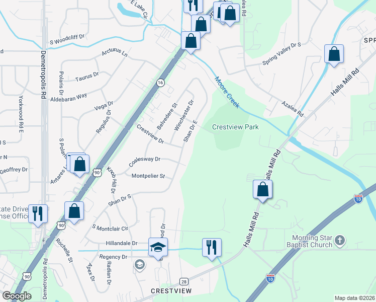 map of restaurants, bars, coffee shops, grocery stores, and more near 4251 Shan Drive East in Mobile