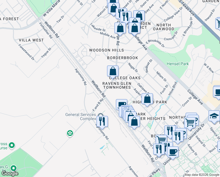 map of restaurants, bars, coffee shops, grocery stores, and more near 4441 Old College Road in Bryan