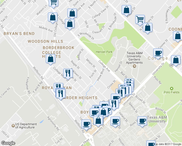 map of restaurants, bars, coffee shops, grocery stores, and more near 300 Foch Street in Bryan