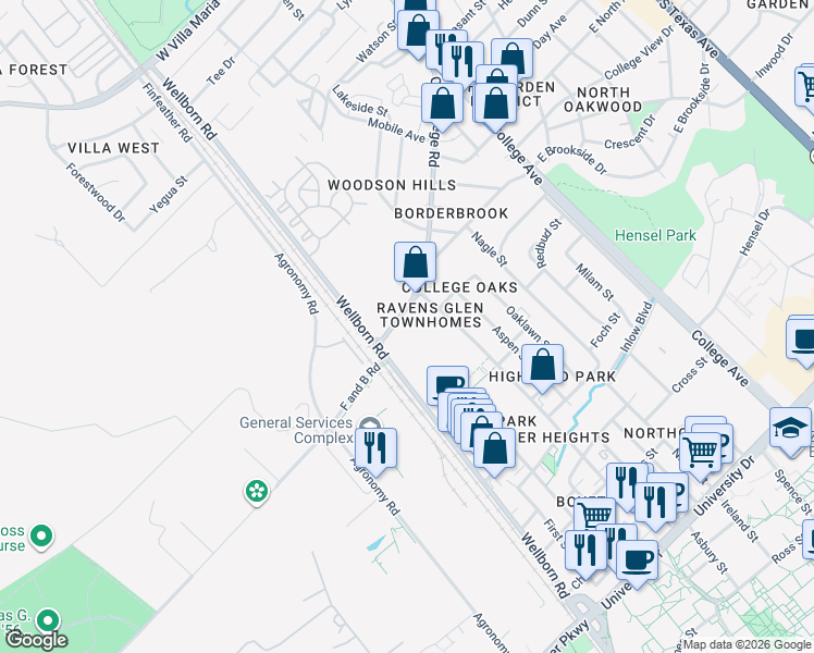 map of restaurants, bars, coffee shops, grocery stores, and more near 4441 Old College Road in Bryan