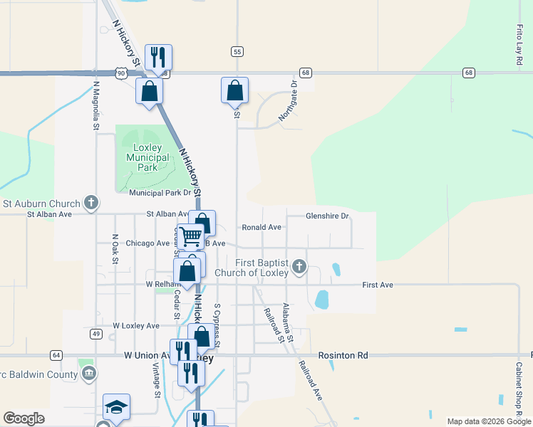 map of restaurants, bars, coffee shops, grocery stores, and more near 3122 Ellison Street in Loxley