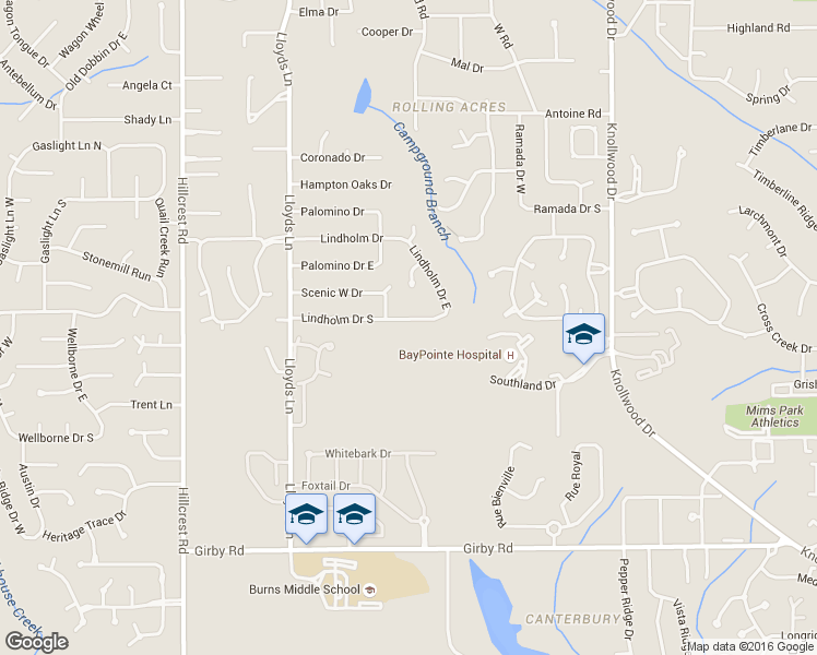 map of restaurants, bars, coffee shops, grocery stores, and more near 5917 Lindholm Drive South in Mobile
