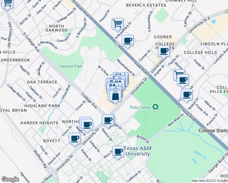 map of restaurants, bars, coffee shops, grocery stores, and more near 180 Century Square Drive in College Station