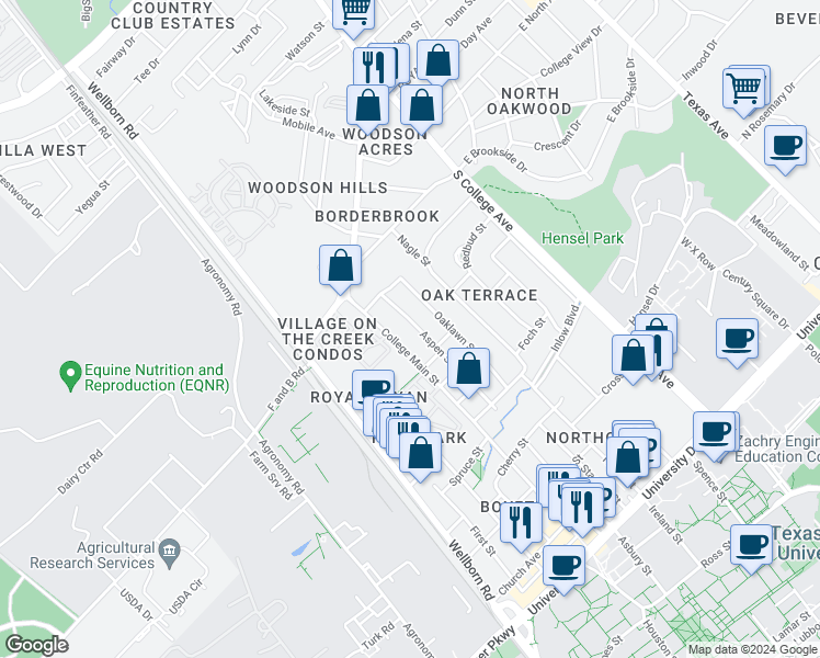 map of restaurants, bars, coffee shops, grocery stores, and more near 4004 Aspen Street in Bryan