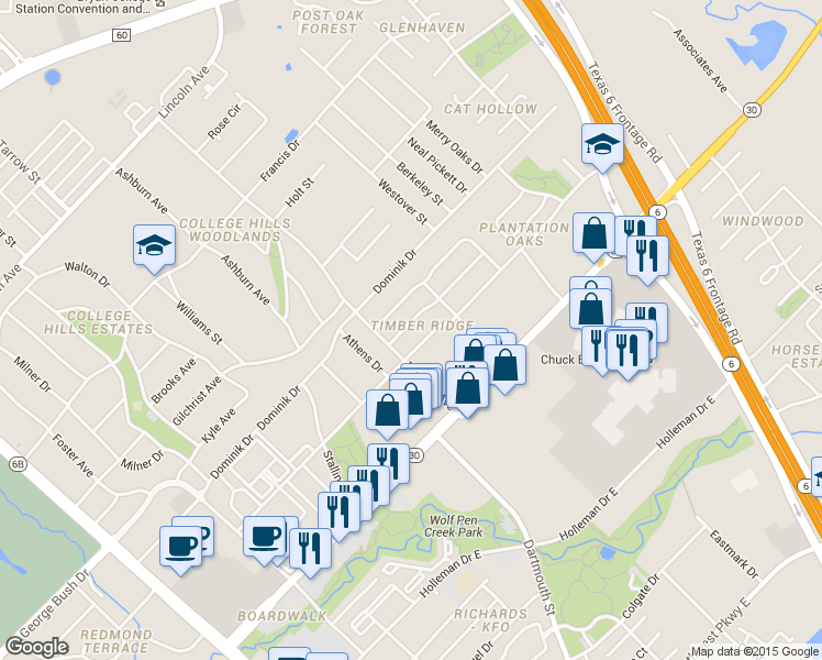 map of restaurants, bars, coffee shops, grocery stores, and more near 1008 Hardwood Lane in College Station