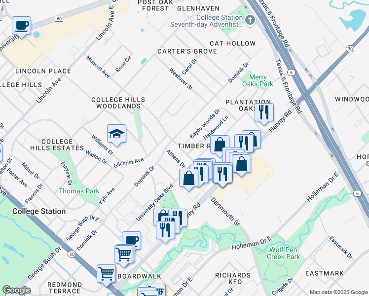 map of restaurants, bars, coffee shops, grocery stores, and more near 1000 Bayou Woods Drive in College Station