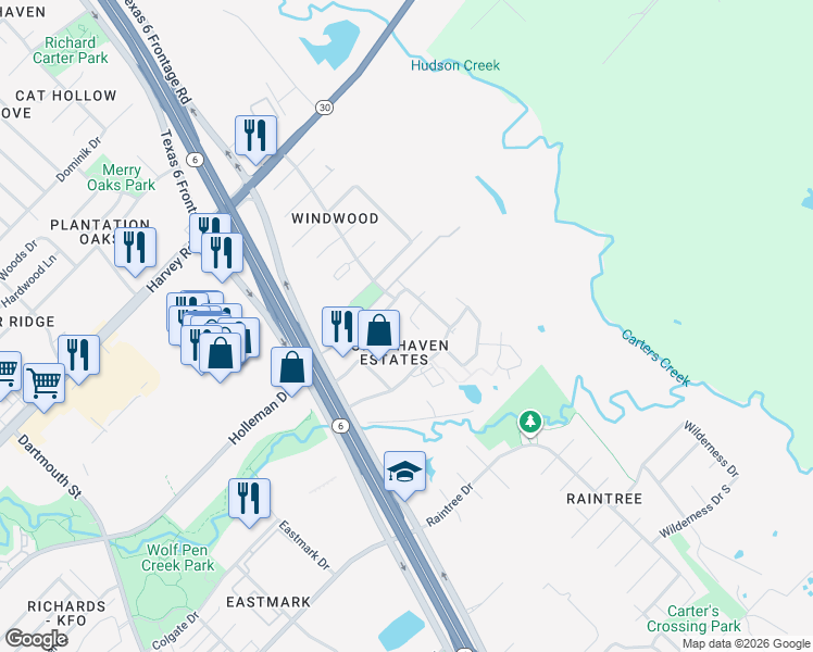 map of restaurants, bars, coffee shops, grocery stores, and more near 2610 Mandi Court in College Station
