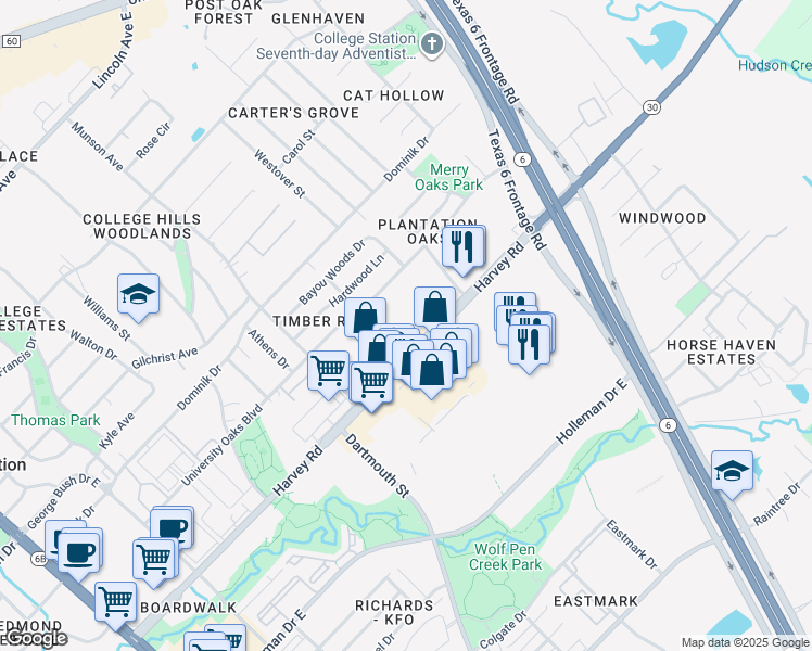 map of restaurants, bars, coffee shops, grocery stores, and more near 1201 Harvey Road in College Station