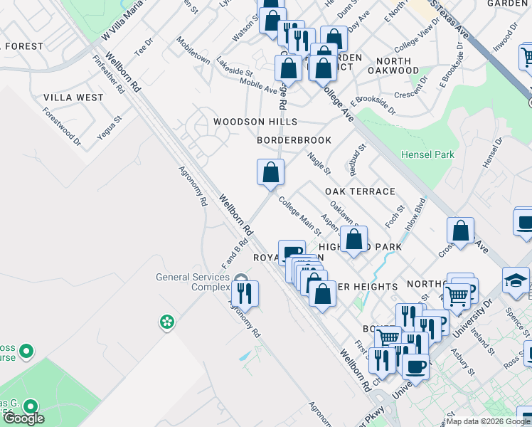 map of restaurants, bars, coffee shops, grocery stores, and more near 4441 Old College Road in Bryan