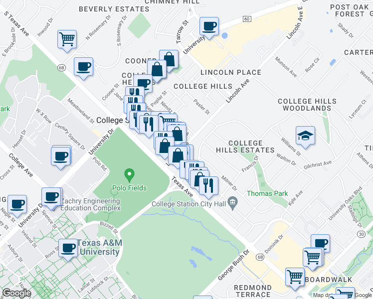 map of restaurants, bars, coffee shops, grocery stores, and more near 909 Foster Avenue in College Station