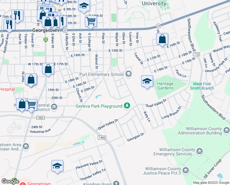 map of restaurants, bars, coffee shops, grocery stores, and more near 2103 Coffee Street in Georgetown