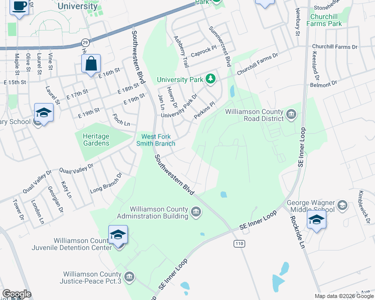 map of restaurants, bars, coffee shops, grocery stores, and more near 314 Raintree Drive in Georgetown