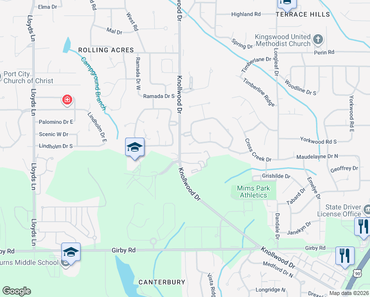 map of restaurants, bars, coffee shops, grocery stores, and more near 5619 James Monroe Court in Mobile