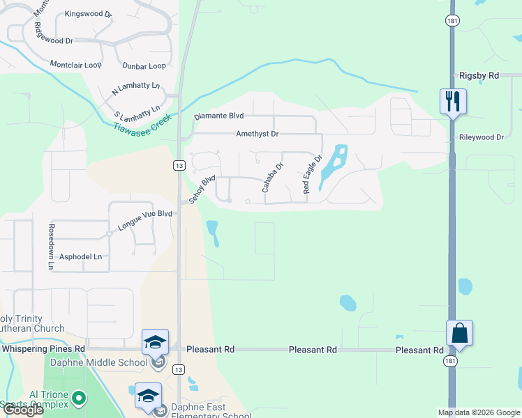 map of restaurants, bars, coffee shops, grocery stores, and more near 9298 Marchand Avenue in Daphne