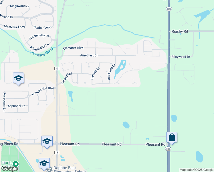 map of restaurants, bars, coffee shops, grocery stores, and more near 9428 Marchand Avenue in Daphne