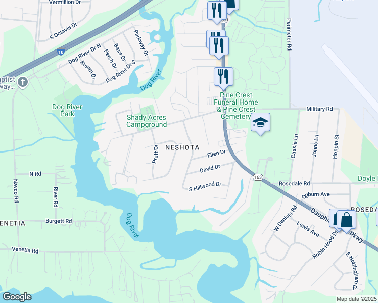 map of restaurants, bars, coffee shops, grocery stores, and more near 2198 West Hillwood Drive in Mobile