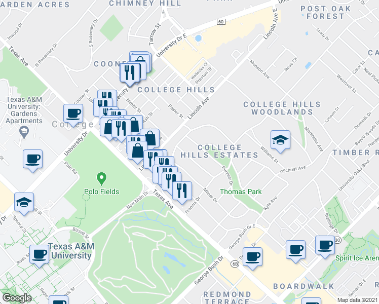 map of restaurants, bars, coffee shops, grocery stores, and more near 1005 Harrington Avenue in College Station