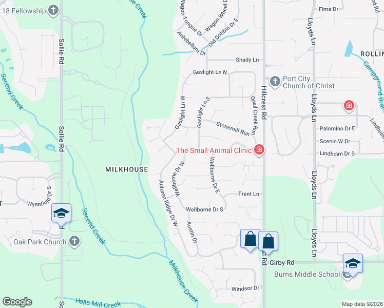 map of restaurants, bars, coffee shops, grocery stores, and more near 3109 Wellborne Drive West in Mobile