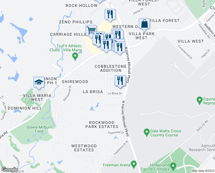 map of restaurants, bars, coffee shops, grocery stores, and more near 2415 Jaguar Drive in Bryan